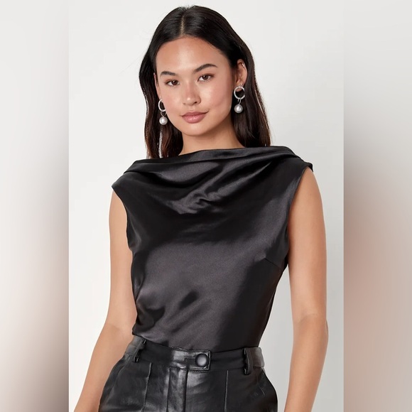 Lulus Tops - Lulu's High-Class Essence Black Satin Pearl Backless Sleeveless Top Size Large